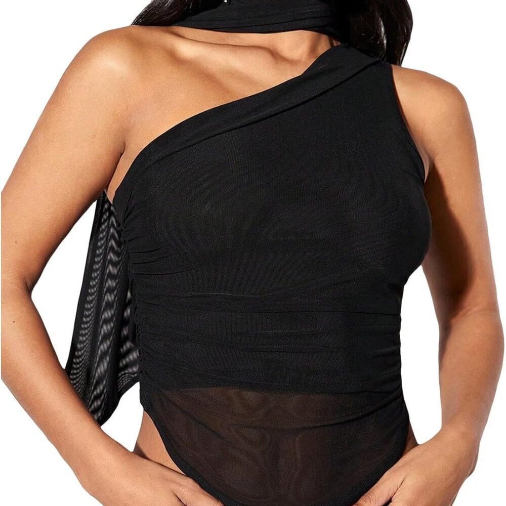 Women's Mesh Camisole Top Sleeveless Cropped Shirt Ruched Asymmetrical Neck